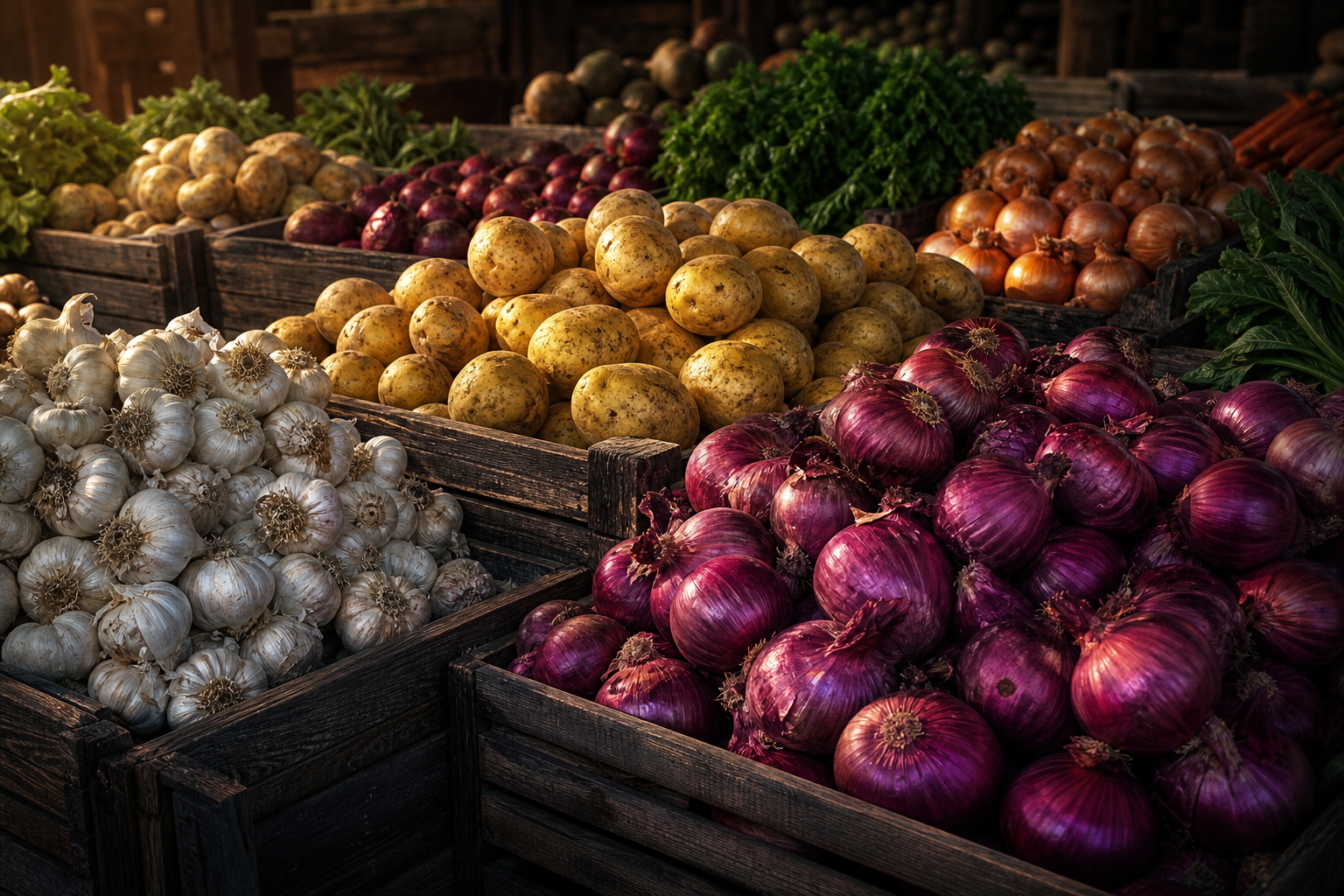 Fresh onions, potatoes, and garlic at a wholesale market
