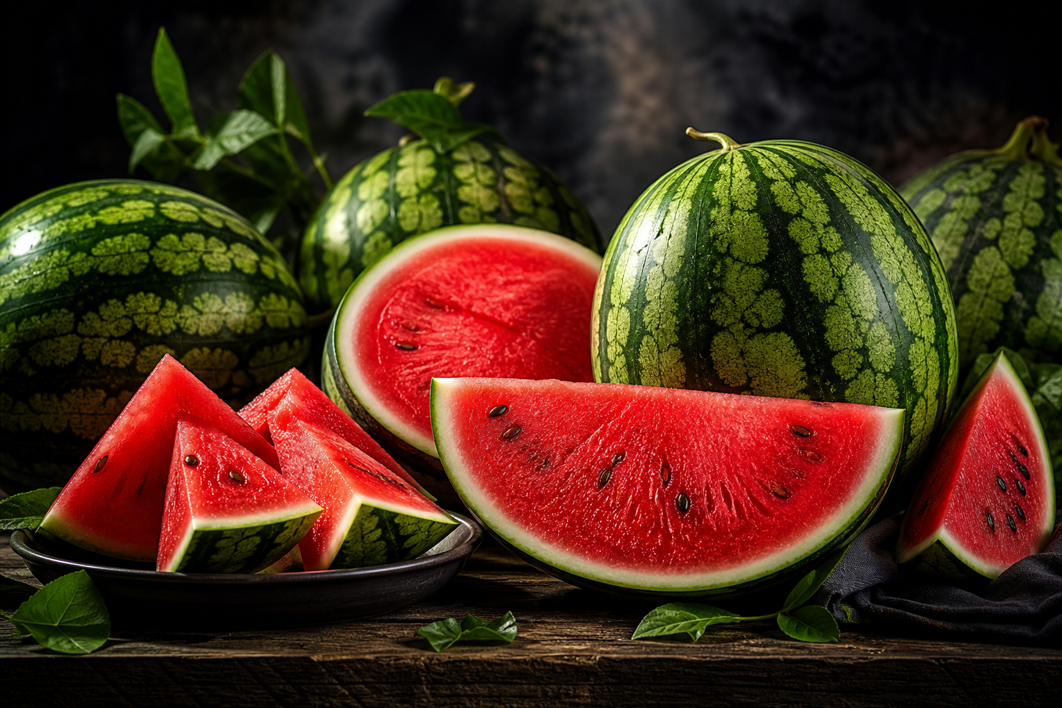 Ripe watermelons whole and sliced showing juicy red flesh