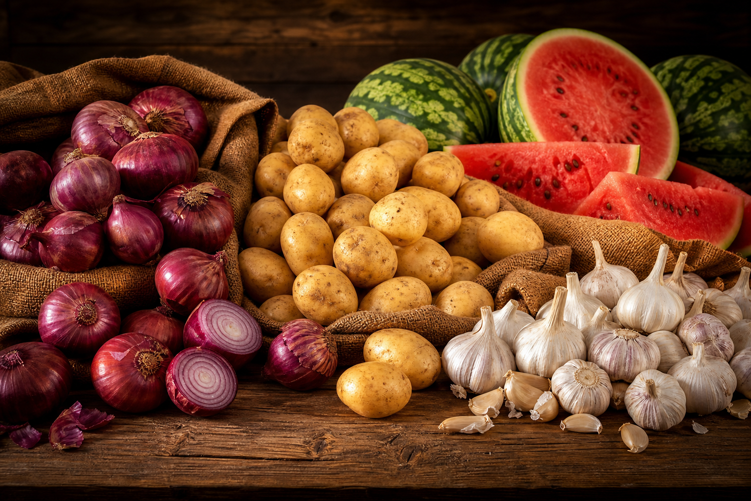 An assortment of fresh produce — onions, potatoes, garlic, and watermelon