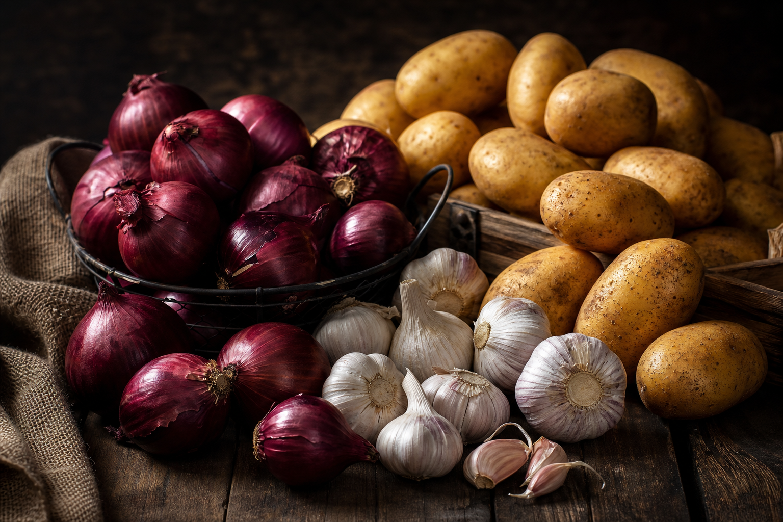 Assortment of fresh onions, potatoes, and garlic